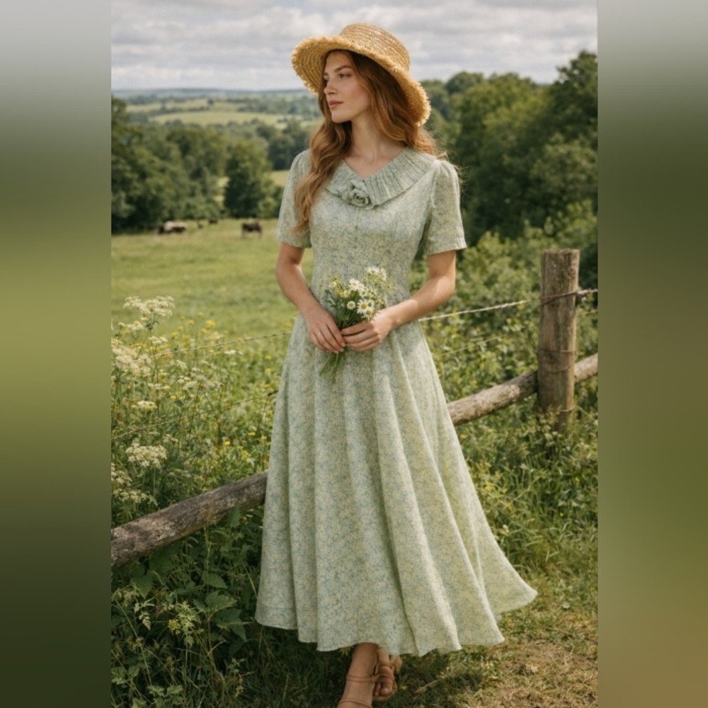 E.D Michaels Prairie Maxi Dress Green Floral Pleated Collar Cottagcore 11/12